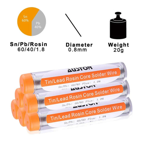 Six Pack 60-40 Rosin Core Solder Wire Tin Lead For Electronics Soldering Tools 0.8mm Diameter 20g Each in tubes