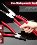Hand holding 8 Inch Lock Ring Pliers with Special Angle Tips for Removing and Installing Circlips Gearshift Locking Rings and Retaining Rings.