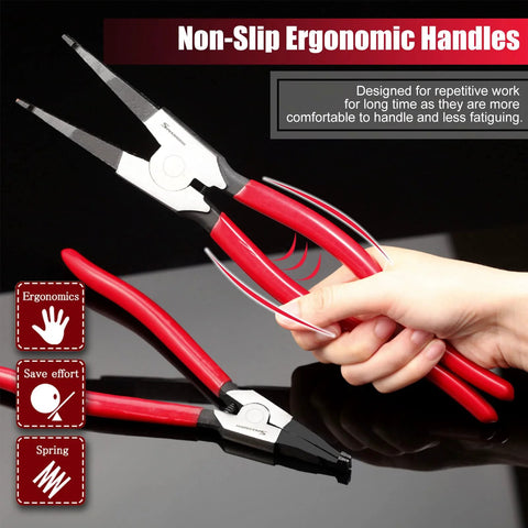 Hand holding 8 Inch Lock Ring Pliers with Special Angle Tips for Removing and Installing Circlips Gearshift Locking Rings and Retaining Rings.