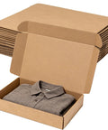Open Kraft Brown 17x11x3 inch shipping box with folded grey sweater inside, stack of boxes in background. Shipping Boxes 17x11x3 Inches, 20 Pack Corrugated Cardboard Mailing Boxes, Kraft Brown Heavy Duty 3 Layer Mailers For Small Biz, Lightweight Yet Sturdy Parcel Boxes For Literature And Packages