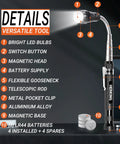 Telescoping Magnetic Pickup Tool Set with Inspection Mirror 3 LED Lights details including flexible gooseneck and magnetic base