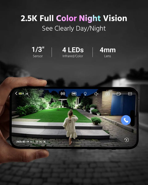Smartphone displaying night vision footage from Solar Wireless Security Camera Kit for outdoor home surveillance in 2.5K clarity.