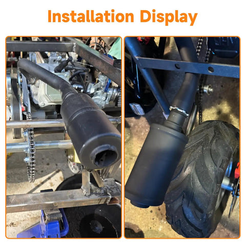 Power Boost Exhaust Pipe Muffler Silencer Kit For Predator 212cc And 196cc Go Karts installed on engine and rear wheel view