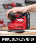 Cordless 20 Volt Brushless Random Orbital Sander Kit With 2 Amp Battery Charger Dust Bag And Sandpaper Packs in use on wood.