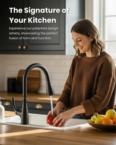 Woman using Oil Rubbed Bronze Kitchen Faucet With Pull Down Sprayer Single Handle High Arc Pull Out Spray Head Deck Plate Included cUPC Certified Hose Water Supply And Valve Kit For Easy Durable Kitchen Upgrade in bright kitchen setting.