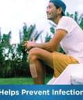 Sheer Adhesive Pad Bandages For Minor Cuts And Scrapes, Extra Large 3 X 4 In, Non Stick Pad on man's leg outdoors