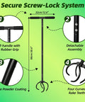 Heavy Duty Hand Tiller For Gardening With T-handle, long handle, and claw for soil cultivation, featuring matte powder coating and secure system.