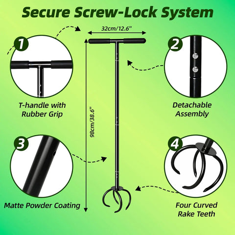 Heavy Duty Hand Tiller For Gardening With T-handle, long handle, and claw for soil cultivation, featuring matte powder coating and secure system.