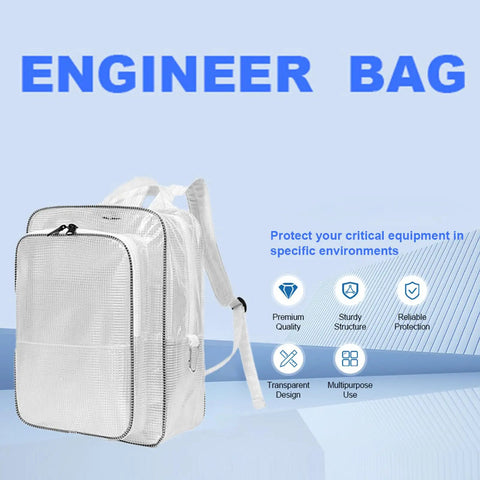 Heavy Duty Pvc Antistatic Backpack With Spacious Transparent Front Panel Ergonomic Tool Pack Built Solid For Cleanroom Protocols And All Day Job Site Hauls showing clear PVC material and ergonomic design.