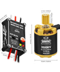 Beefed-Up 30A Brushless ESC And 3500KV Outrunner Motor For 1 18 Scale TRX4M Ascent-18 Redcat RC Crawler Buggy With Dual LED Signal And Power Lights For Easy Connection Check, showing ESC and motor dimensions.
