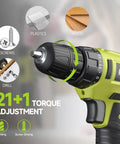 Close-up of 12V Cordless Drill Set With Battery And Charger, Lightweight And Compact, Three Eighth Inch Keyless Chuck, LED, 21+1 Torque