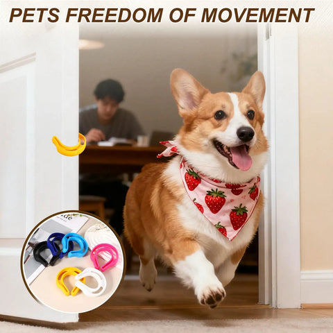Six Pack Door Pinch Guard and Slam Stopper Set Durable Plastic Door Deterrent Keeps Fingers Safe Perfect for Slamming Doors Pets and Locked Rooms 3.1x2.9 Inch Yellow installed on door with running dog.