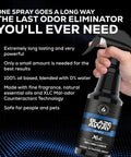 Black bottle of Industrial Strength Odor Eliminator And Freshener For Home Car And Smoke Odors Long Lasting Room Spray in hand
