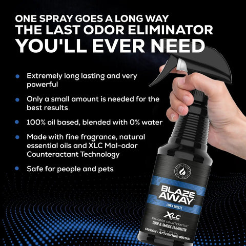 Black bottle of Industrial Strength Odor Eliminator And Freshener For Home Car And Smoke Odors Long Lasting Room Spray in hand