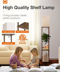 Floor Lamp With Shelves, Dual USB Ports And Built In Outlet, Remote Controlled, 3 Color Temperature LED Bulb next to sofa.