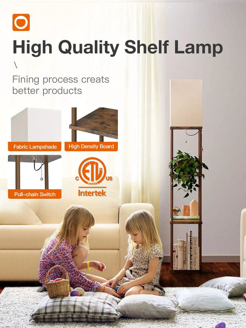 Five Tier Shelf Floor Lamp With 3CCT LED Bulb in living room, fabric lampshade, high density board, holding plants and books.