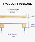 Diagram of 10 Pack Brushed Gold Cabinet Handles 6 Inch Length With 5 Inch Center To Center Hole showing dimensions.