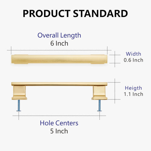 Diagram of 10 Pack Brushed Gold Cabinet Handles 6 Inch Length With 5 Inch Center To Center Hole showing dimensions.