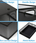 All Purpose No Fuss A4 Sized Metal Mesh Desk Drawer Organizer Tray Set details including anti-slip, handles, mesh, and bottom features.