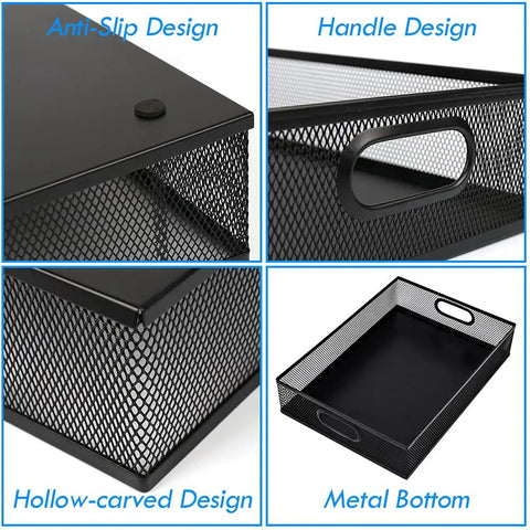 All Purpose No Fuss A4 Sized Metal Mesh Desk Drawer Organizer Tray Set details including anti-slip, handles, mesh, and bottom features.