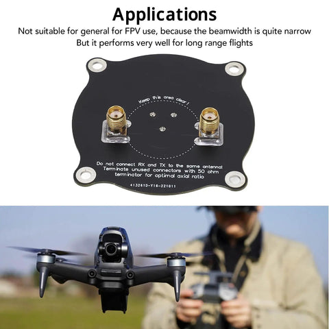 Pro Grade 5.8GHz FPV Triple Feed Patch Antenna 9.4dBi High Gain Circularly Polarized For FPV Racing Drones application diagram