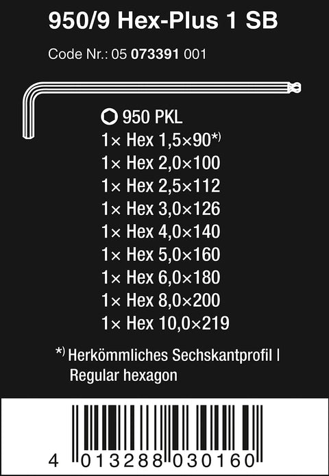 Hex Plus L-Key Set With Long Arm Ballpoint Hex, 9-Piece Metric Chrome Plated Allen Keys, specification label