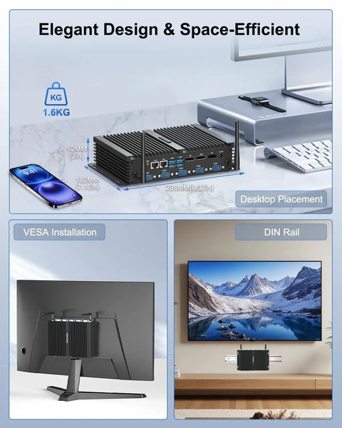Ready To Rock Tough As Nails Fanless Mini PC Built Strong For Real World Automation Runs Smooth On Win 11 Pro, VESA mounted.
