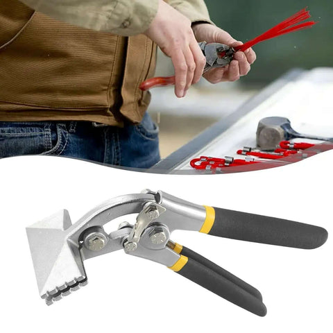 All In One Sheet Metal Bending Pliers With Straight Or Elbow Handles And Non Slip Grip, tool on table in workshop setting