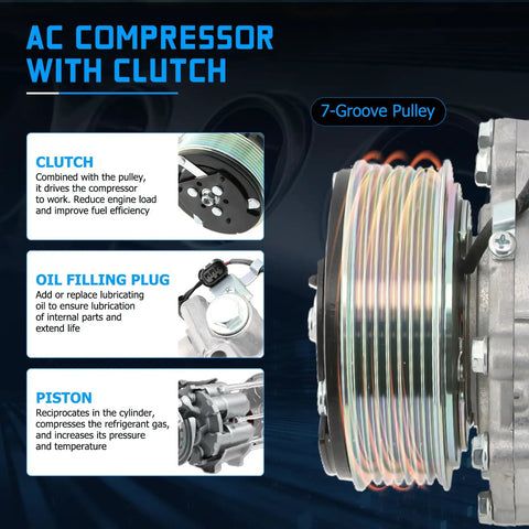 High Output Ac Compressor With Clutch 4920Ac Fits Acura Rdx 2007 To 2012 Honda Civic 2012 To 2015 Crv 2007 To 2014 7 Groove Pulley design with oil plug and piston details.