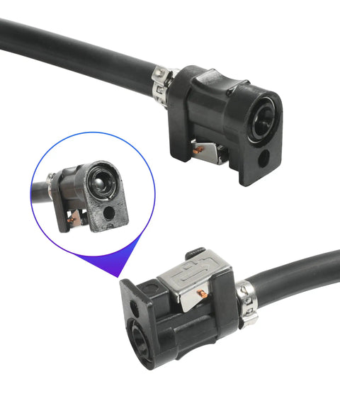 Universal Five Sixteenth Inch ID Boat Fuel Line Kit With Primer Bulb And Steel Clamps, close-up of ends with secure connectors.