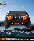 Remote control for Mini Stunt RC Plane Drone With LED Lights, featuring buttons for 2.4GHz remote, headless mode, and 360-degree flips.