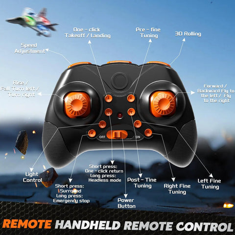 Remote control for Mini Stunt RC Plane Drone With LED Lights, featuring buttons for 2.4GHz remote, headless mode, and 360-degree flips.
