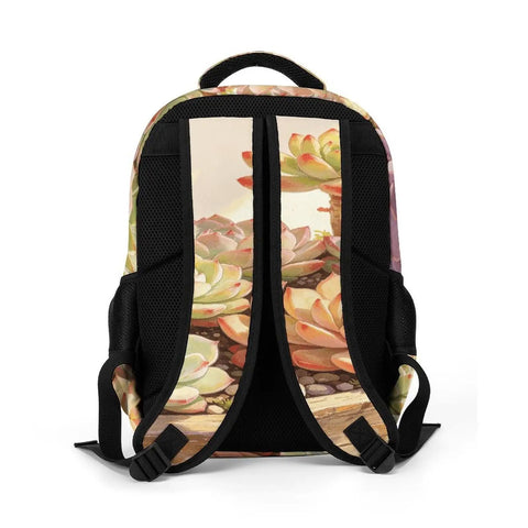 Back view of Succulents Wooden Planter Print Backpack Unisex Large Capacity Durable Polyester All Day Everyday Carry For School Work Travel