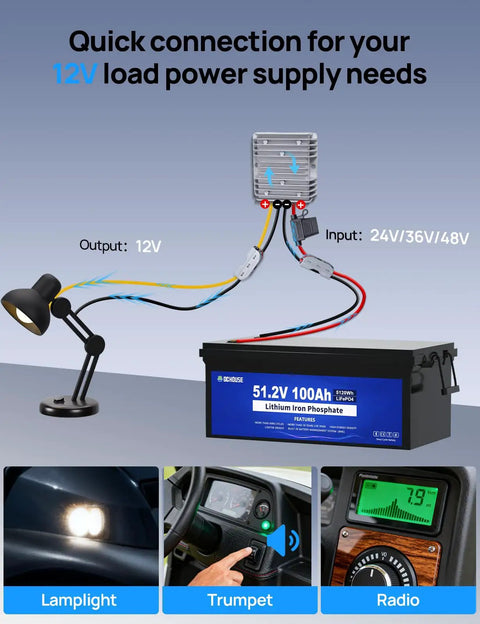 Level Up Your Ride With This Hella Efficient DC DC Step Down Converter Dropping 48 To 12 Volts At 20 Amps For Golf Carts And Utility Trailers including connections to battery, lamp, and controls.