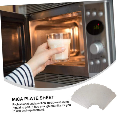 12 Pack Mica Sheets For Microwave Oven Heat Resistant Insulation Waveguide Covers with glass of milk in open microwave