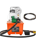 Beefy 10,000 PSI 750W 110V Electric Hydraulic Pump Power Pack with 8L capacity and dual 9.8 ft oil lines, orange.