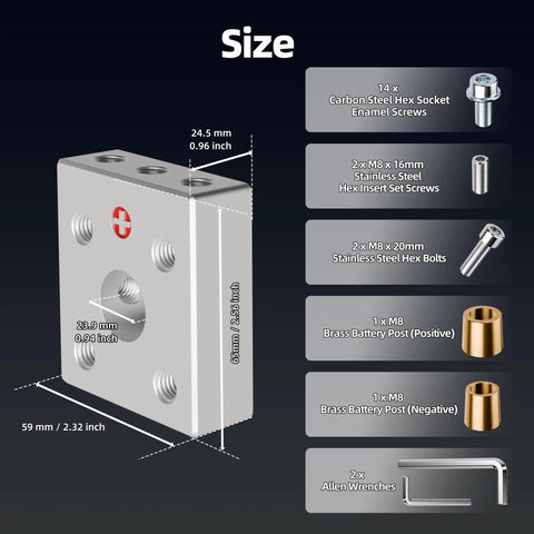 Heavy Duty Battery Terminal Distribution Block With 14 Port Connectors And Vertical Brass Adapters For Car Audio Marine Automotive, Clamp Design For Reliable Connections, Compatible With 6V-48V Systems Up To 4/0 AWG Positive And Negative Pair. size diagram with 59 mm x 65 mm block