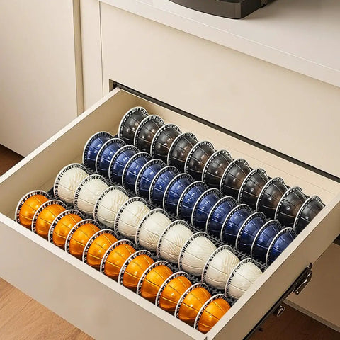 Open drawer with Nespresso Vertuo Pod Drawer Organizer For Countertop, Fits All Vertuo Capsules, 13.59 By 9 Inch Drawer Insert.