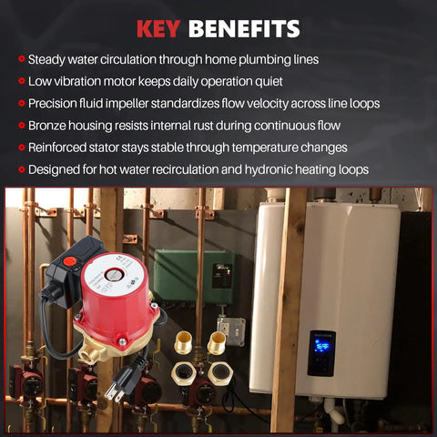 Real Deal Bronze Circulator Pump For Hot Water Recirculation And Hydronic Heating Systems With Tough As Nails Housing, installed in plumbing system.