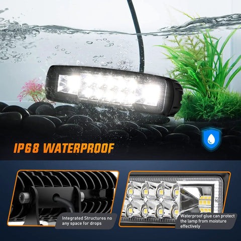 Two Pack 6 Inch 60W LED Pods Flood And Spot Beam Light Bar submerged in water showcasing IP68 waterproof feature