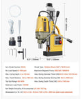 Heavy Duty Magnetic Drill Press Featuring Beefy 1400W Copper Motor And Rock Solid 2922 Lbs Base For Straight Shooting Metal Boring Up To Two Inches At Adjustable 750 RPM, shown with accessories and dimensions.