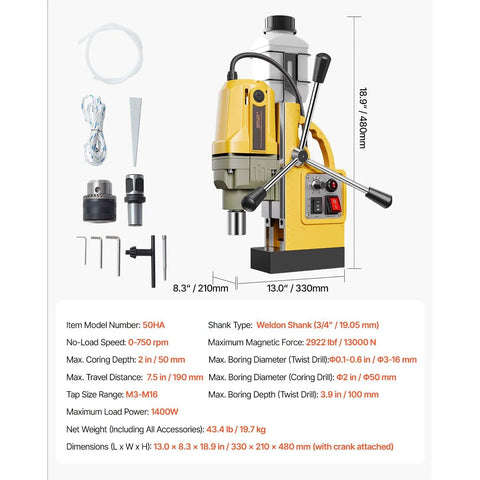 Heavy Duty Magnetic Drill Press Featuring Beefy 1400W Copper Motor And Rock Solid 2922 Lbs Base For Straight Shooting Metal Boring Up To Two Inches At Adjustable 750 RPM, shown with accessories and dimensions.