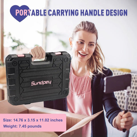 Woman holding portable case from 148 Piece Home Tool Kit With Portable Case, Ratcheting Screwdriver Set, Hex Keys, Pliers, Wrench, Voltage Tester, Tape Measure And Water Pump Pliers For Women And DIY Beginners.