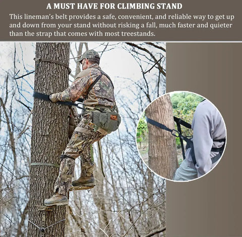 Tree Climbing Linemans Belt For Hunting With One Hand Adjustable Length And Safety Tether Set Up Climbing Sticks Or Hanging Tree Stand