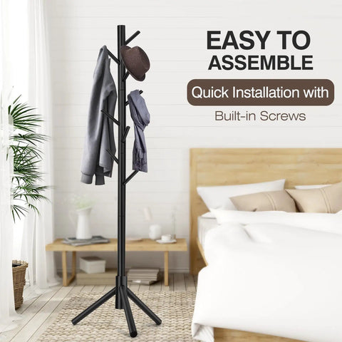 Freestanding Wooden Coat Rack With Eight Hooks And Three Section Adjustable Height Tree Design for bedroom next to bed.