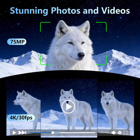 4K Vlogging Camera With 330 Degree Rotating Lens And Face Tracking For YouTube And TikTok, capturing 75MP image of a wolf