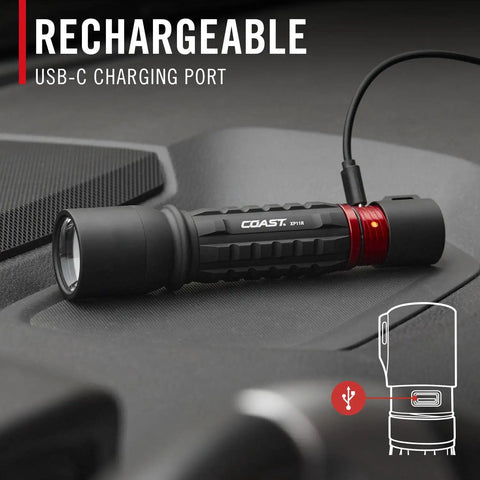 2600 Lumen USB C Rechargeable LED Flashlight with Slide Focus, black finish, shown with USB-C charging cable, durable aluminum body.