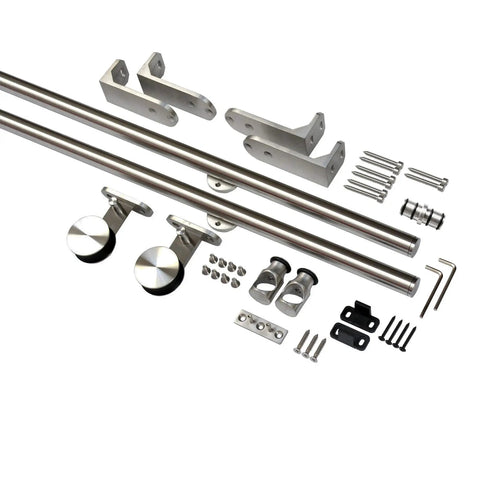 Beefy 6 Foot Ceiling Mount Sliding Barn Door Hardware Kit With Top Mount Rollers In Brushed Stainless Steel 304 Rail parts displayed