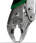 Close-up of 7.5 Inch Screw Removal Locking Pliers For Stripped Screws PZ65 With Quick Release And Secure Grip, showing metal jaws.