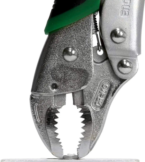Close-up of 7.5 Inch Screw Removal Locking Pliers For Stripped Screws PZ65 With Quick Release And Secure Grip, showing metal jaws.